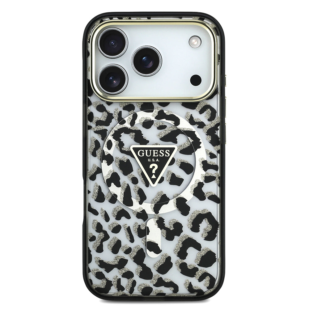 iPhone 18 Pro Kılıf Guess Orijinal Lisanslı M-safe Şarj Özellikli Üçgen Logolu Simli Leopar Desenli Kılıf