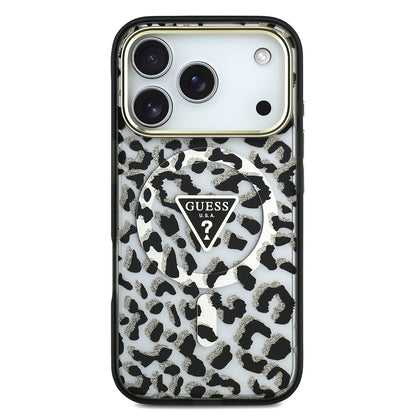 iPhone 18 Pro Kılıf Guess Orijinal Lisanslı M-safe Şarj Özellikli Üçgen Logolu Simli Leopar Desenli Kılıf