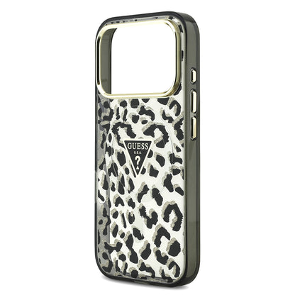 iPhone 18 Pro Kılıf Guess Orijinal Lisanslı M-safe Şarj Özellikli Üçgen Logolu Simli Leopar Desenli Kılıf