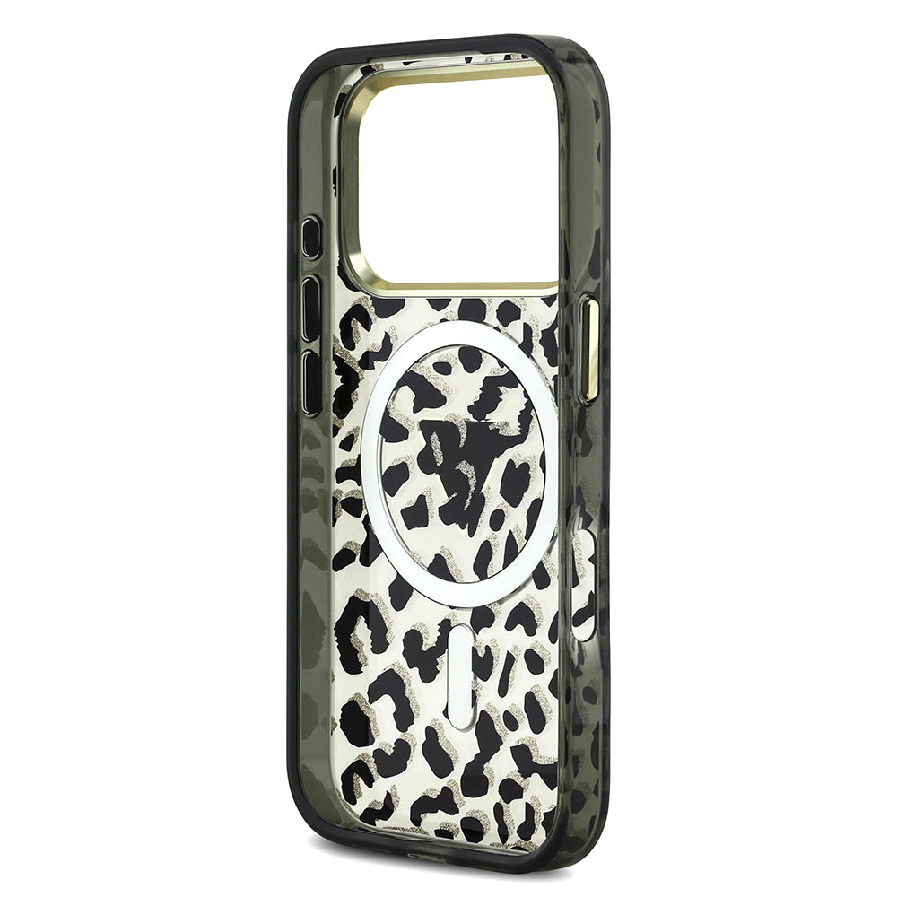 iPhone 18 Pro Kılıf Guess Orijinal Lisanslı M-safe Şarj Özellikli Üçgen Logolu Simli Leopar Desenli Kılıf
