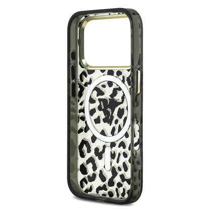 iPhone 18 Pro Kılıf Guess Orijinal Lisanslı M-safe Şarj Özellikli Üçgen Logolu Simli Leopar Desenli Kılıf