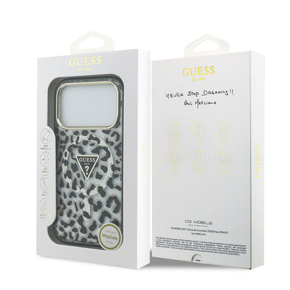 iPhone 18 Pro Kılıf Guess Orijinal Lisanslı M-safe Şarj Özellikli Üçgen Logolu Simli Leopar Desenli Kılıf