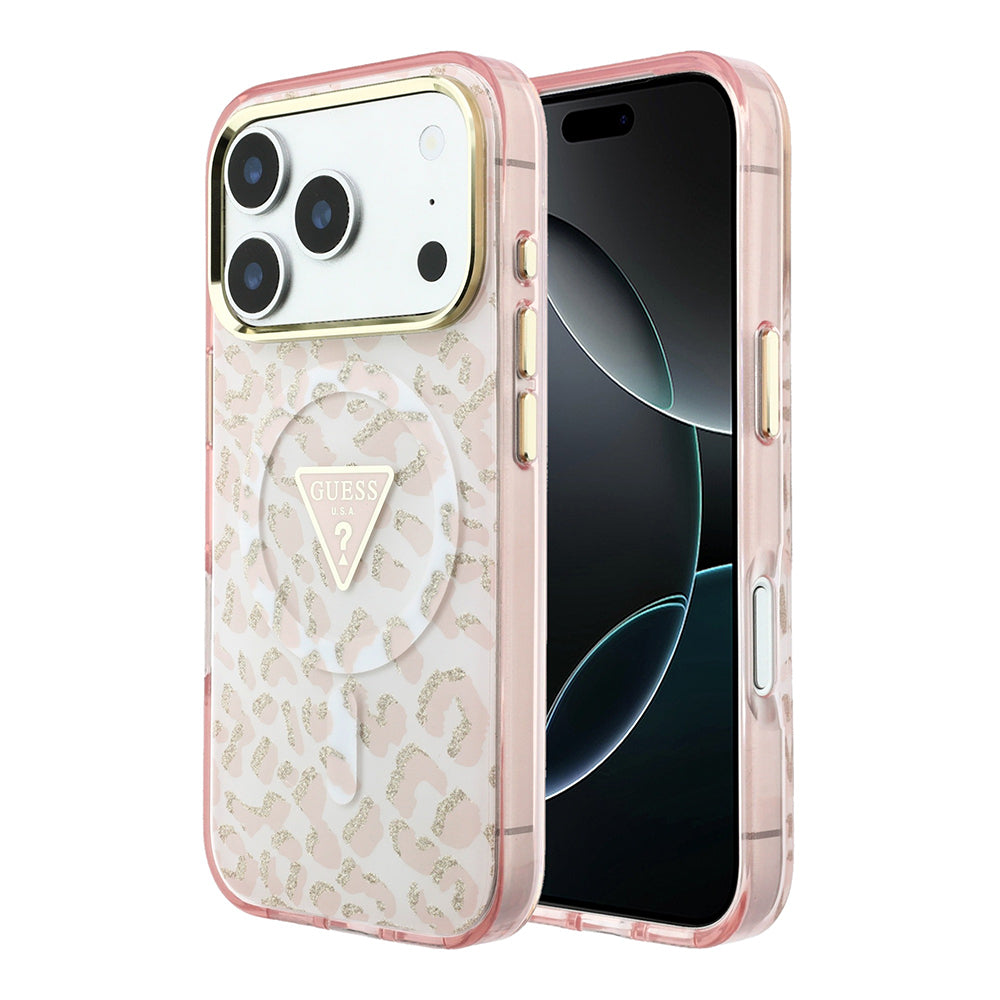 iPhone 18 Pro Kılıf Guess Orijinal Lisanslı M-safe Şarj Özellikli Üçgen Logolu Simli Leopar Desenli Kılıf