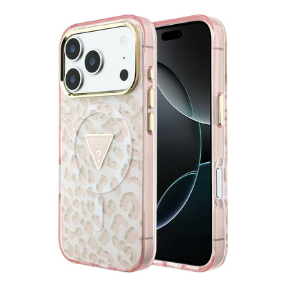 iPhone 18 Pro Kılıf Guess Orijinal Lisanslı M-safe Şarj Özellikli Üçgen Logolu Simli Leopar Desenli Kılıf