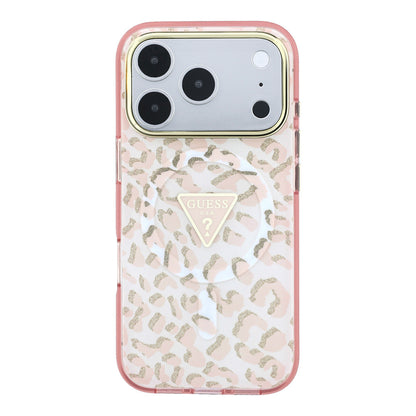 iPhone 18 Pro Kılıf Guess Orijinal Lisanslı M-safe Şarj Özellikli Üçgen Logolu Simli Leopar Desenli Kılıf