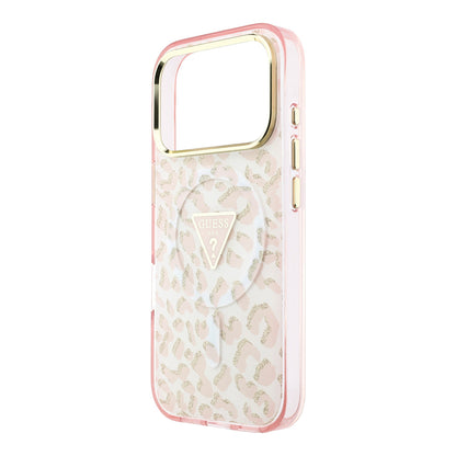 iPhone 18 Pro Kılıf Guess Orijinal Lisanslı M-safe Şarj Özellikli Üçgen Logolu Simli Leopar Desenli Kılıf
