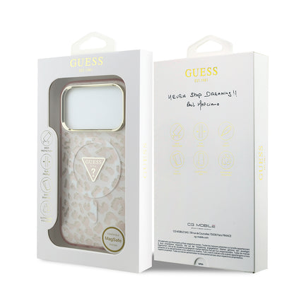 iPhone 18 Pro Kılıf Guess Orijinal Lisanslı M-safe Şarj Özellikli Üçgen Logolu Simli Leopar Desenli Kılıf