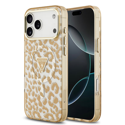 iPhone 18 Pro Kılıf Guess Orijinal Lisanslı M-safe Şarj Özellikli Üçgen Logolu Simli Leopar Desenli Kılıf