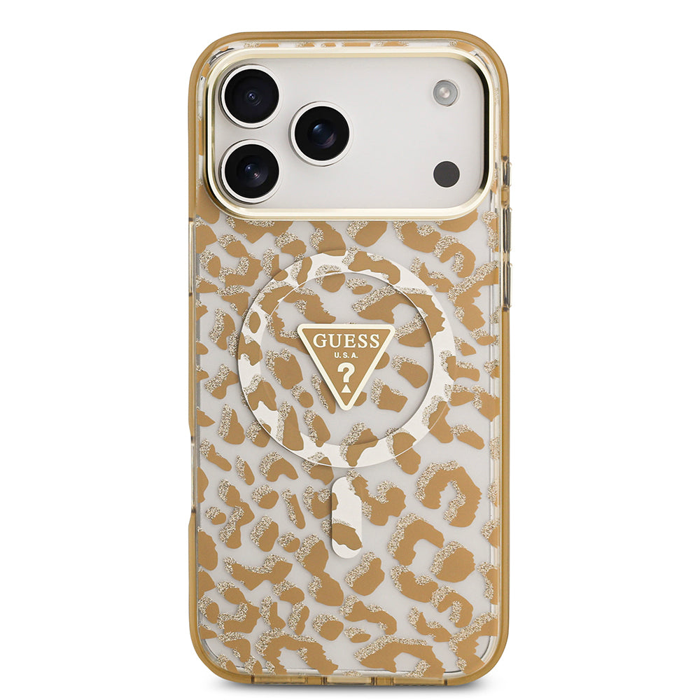iPhone 18 Pro Kılıf Guess Orijinal Lisanslı M-safe Şarj Özellikli Üçgen Logolu Simli Leopar Desenli Kılıf