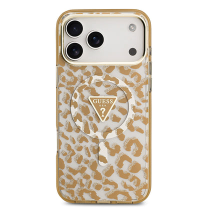 iPhone 18 Pro Kılıf Guess Orijinal Lisanslı M-safe Şarj Özellikli Üçgen Logolu Simli Leopar Desenli Kılıf