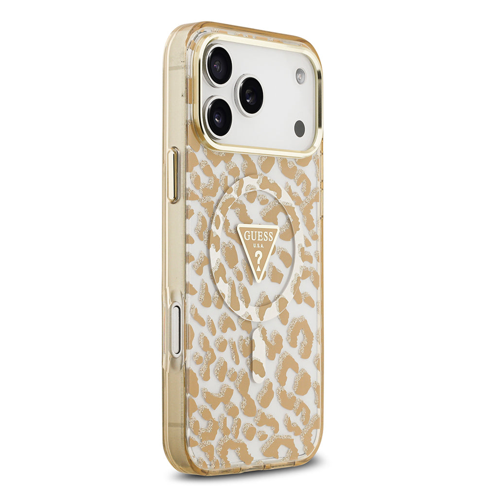 iPhone 18 Pro Kılıf Guess Orijinal Lisanslı M-safe Şarj Özellikli Üçgen Logolu Simli Leopar Desenli Kılıf