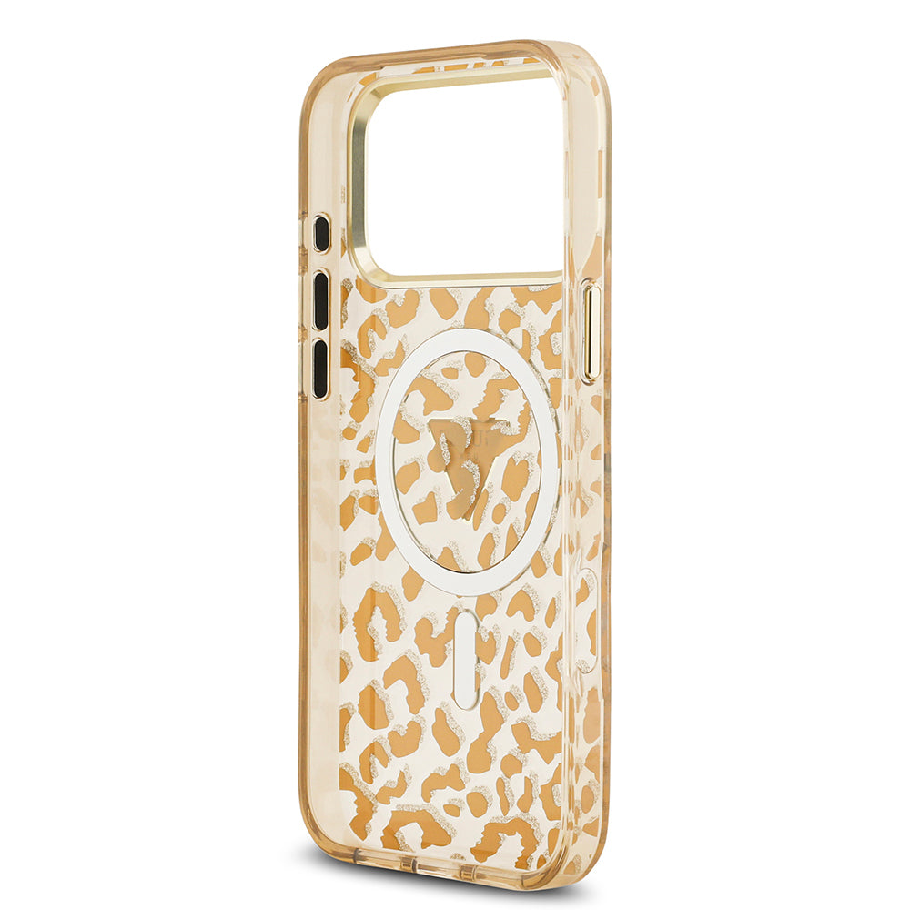 iPhone 18 Pro Kılıf Guess Orijinal Lisanslı M-safe Şarj Özellikli Üçgen Logolu Simli Leopar Desenli Kılıf