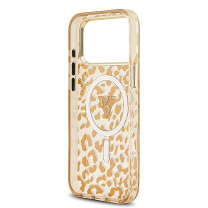 iPhone 18 Pro Kılıf Guess Orijinal Lisanslı M-safe Şarj Özellikli Üçgen Logolu Simli Leopar Desenli Kılıf