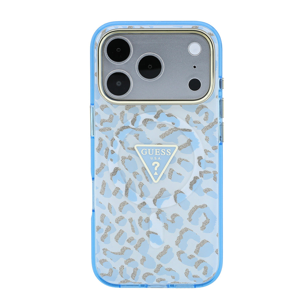 iPhone 18 Pro Kılıf Guess Orijinal Lisanslı M-safe Şarj Özellikli Üçgen Logolu Simli Leopar Desenli Kılıf