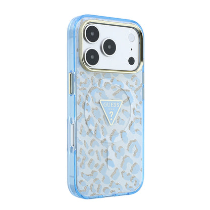 iPhone 18 Pro Kılıf Guess Orijinal Lisanslı M-safe Şarj Özellikli Üçgen Logolu Simli Leopar Desenli Kılıf