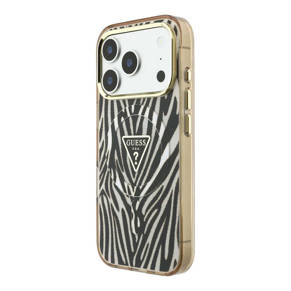 iPhone 18 Pro Kılıf Guess Orijinal Lisanslı M-safe Şarj Özellikli Üçgen Logolu Zebra Desenli Silikon Kılıf