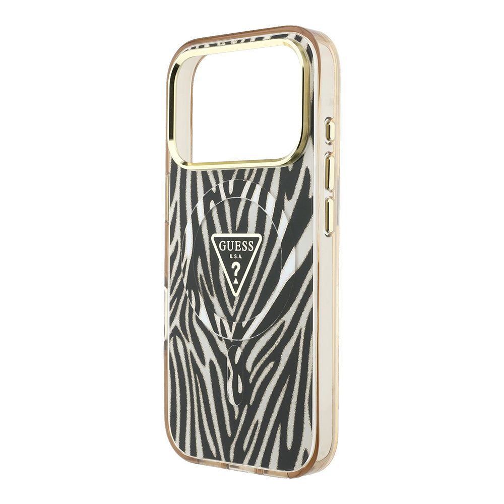 iPhone 18 Pro Kılıf Guess Orijinal Lisanslı M-safe Şarj Özellikli Üçgen Logolu Zebra Desenli Silikon Kılıf
