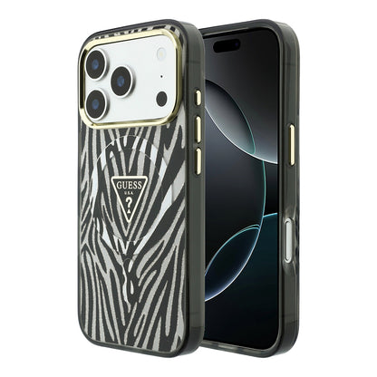 iPhone 18 Pro Kılıf Guess Orijinal Lisanslı M-safe Şarj Özellikli Üçgen Logolu Zebra Desenli Silikon Kılıf