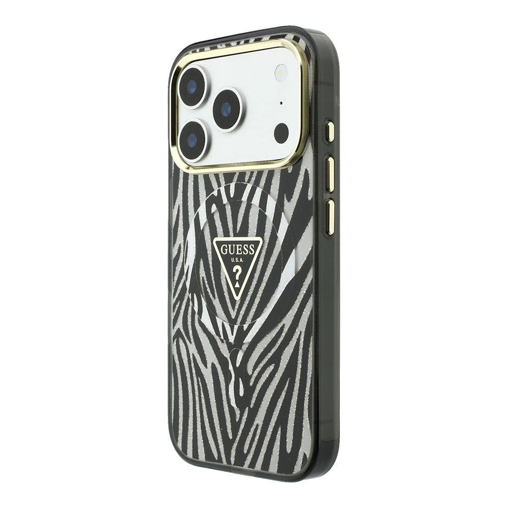 iPhone 18 Pro Kılıf Guess Orijinal Lisanslı M-safe Şarj Özellikli Üçgen Logolu Zebra Desenli Silikon Kılıf