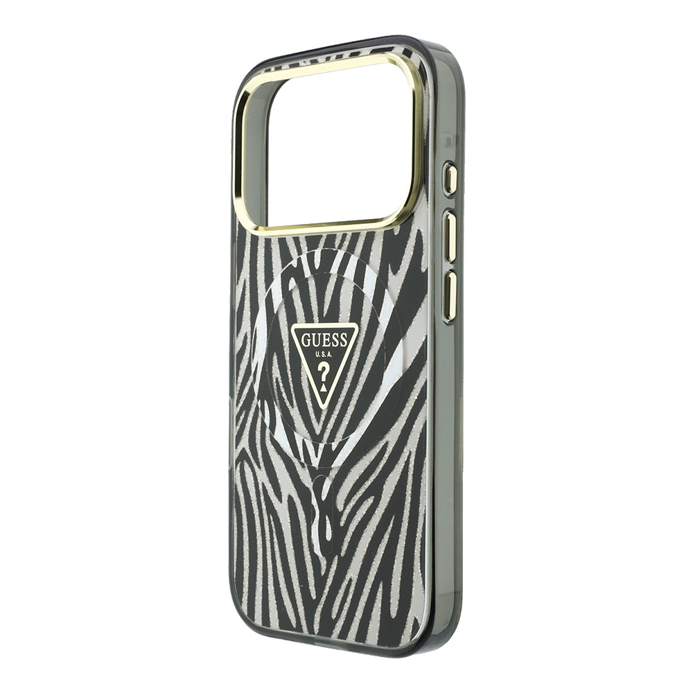 iPhone 18 Pro Kılıf Guess Orijinal Lisanslı M-safe Şarj Özellikli Üçgen Logolu Zebra Desenli Silikon Kılıf