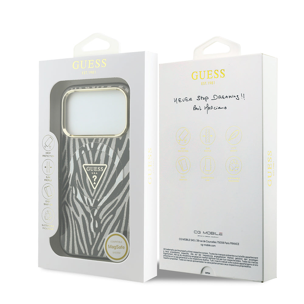 iPhone 18 Pro Kılıf Guess Orijinal Lisanslı M-safe Şarj Özellikli Üçgen Logolu Zebra Desenli Silikon Kılıf