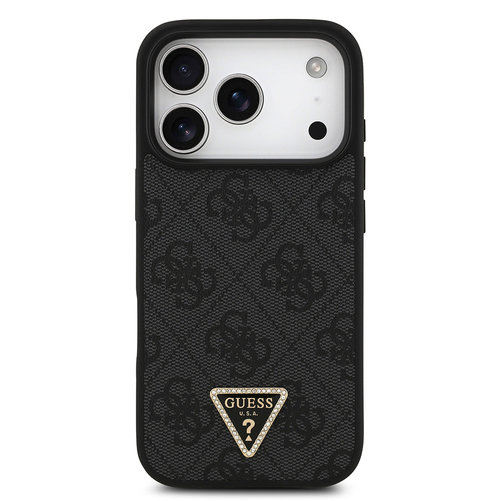 iPhone 18 Pro Kılıf Guess Orijinal Lisanslı M-safe Şarj Özllikli PU Deri Taşlı Üçgen Logo 4G Desenli Strass Kılıf