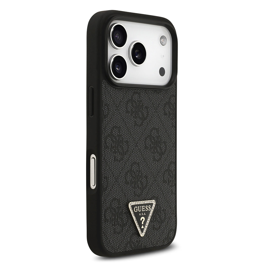 iPhone 18 Pro Kılıf Guess Orijinal Lisanslı M-safe Şarj Özllikli PU Deri Taşlı Üçgen Logo 4G Desenli Strass Kılıf