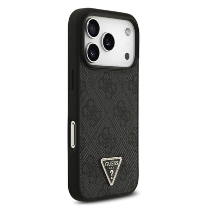 iPhone 18 Pro Kılıf Guess Orijinal Lisanslı M-safe Şarj Özllikli PU Deri Taşlı Üçgen Logo 4G Desenli Strass Kılıf
