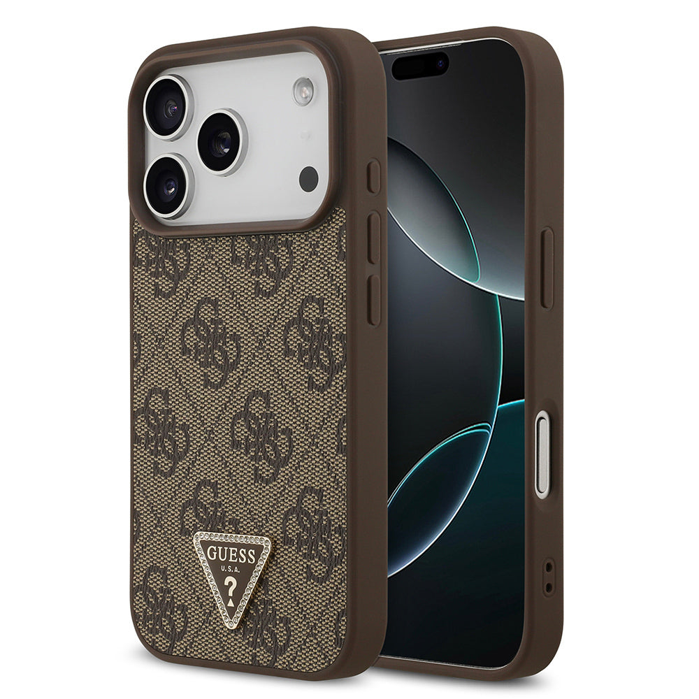 iPhone 18 Pro Kılıf Guess Orijinal Lisanslı M-safe Şarj Özllikli PU Deri Taşlı Üçgen Logo 4G Desenli Strass Kılıf
