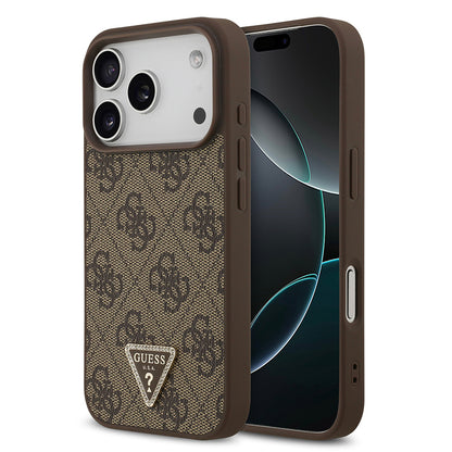iPhone 18 Pro Kılıf Guess Orijinal Lisanslı M-safe Şarj Özllikli PU Deri Taşlı Üçgen Logo 4G Desenli Strass Kılıf