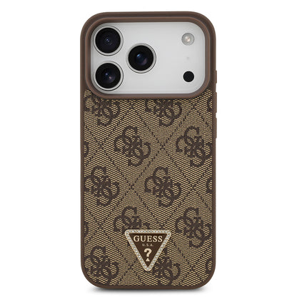 iPhone 18 Pro Kılıf Guess Orijinal Lisanslı M-safe Şarj Özllikli PU Deri Taşlı Üçgen Logo 4G Desenli Strass Kılıf