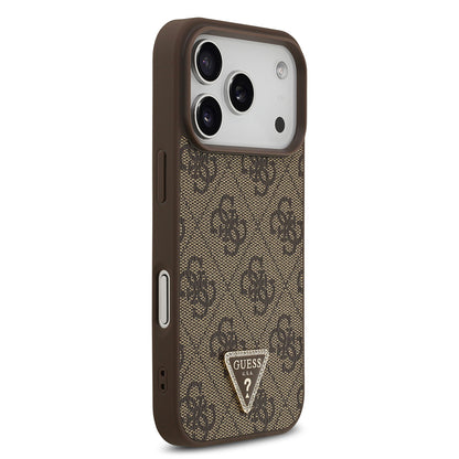 iPhone 18 Pro Kılıf Guess Orijinal Lisanslı M-safe Şarj Özllikli PU Deri Taşlı Üçgen Logo 4G Desenli Strass Kılıf