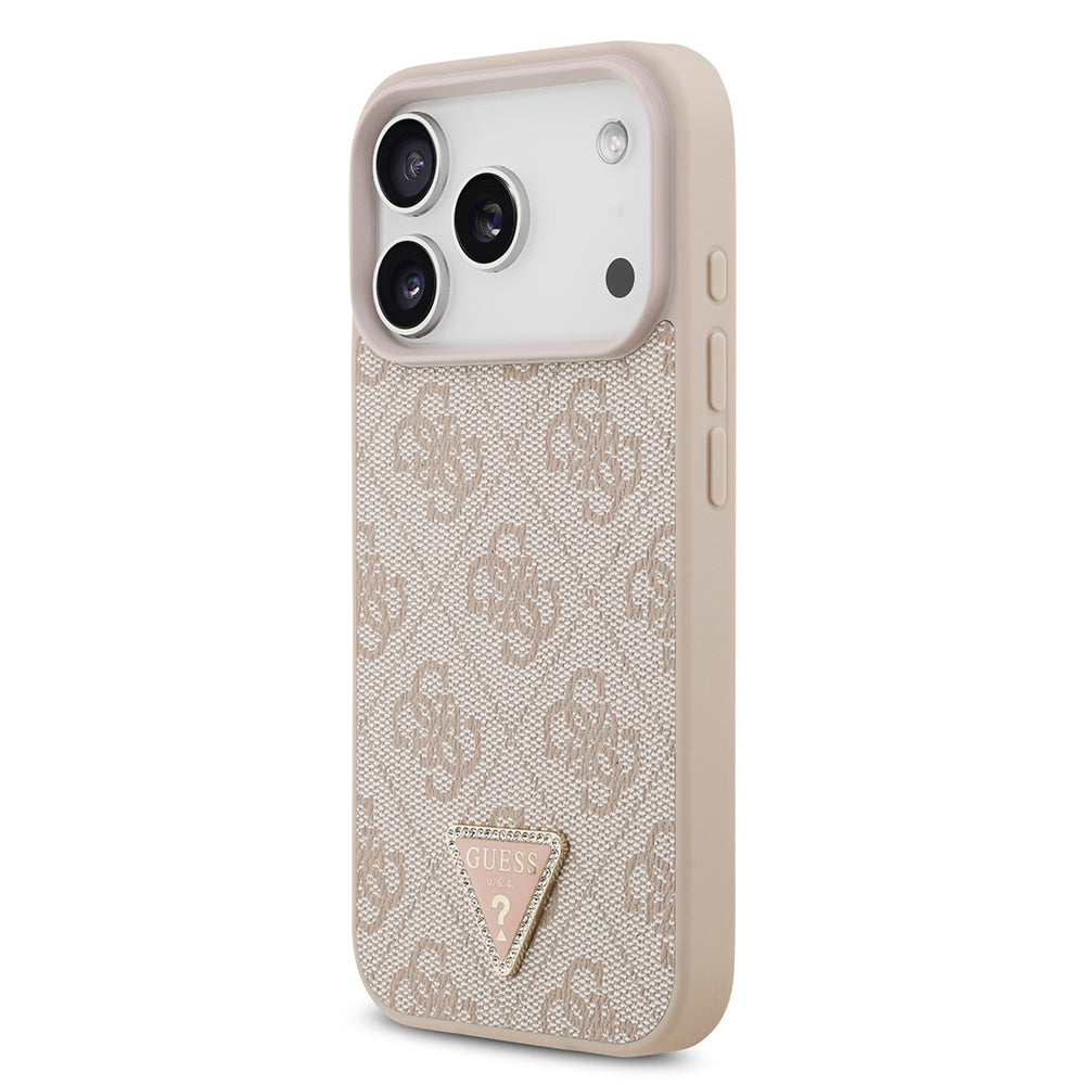 iPhone 18 Pro Kılıf Guess Orijinal Lisanslı M-safe Şarj Özllikli PU Deri Taşlı Üçgen Logo 4G Desenli Strass Kılıf