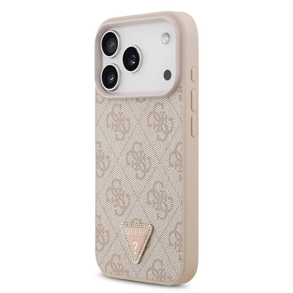 iPhone 18 Pro Kılıf Guess Orijinal Lisanslı M-safe Şarj Özllikli PU Deri Taşlı Üçgen Logo 4G Desenli Strass Kılıf