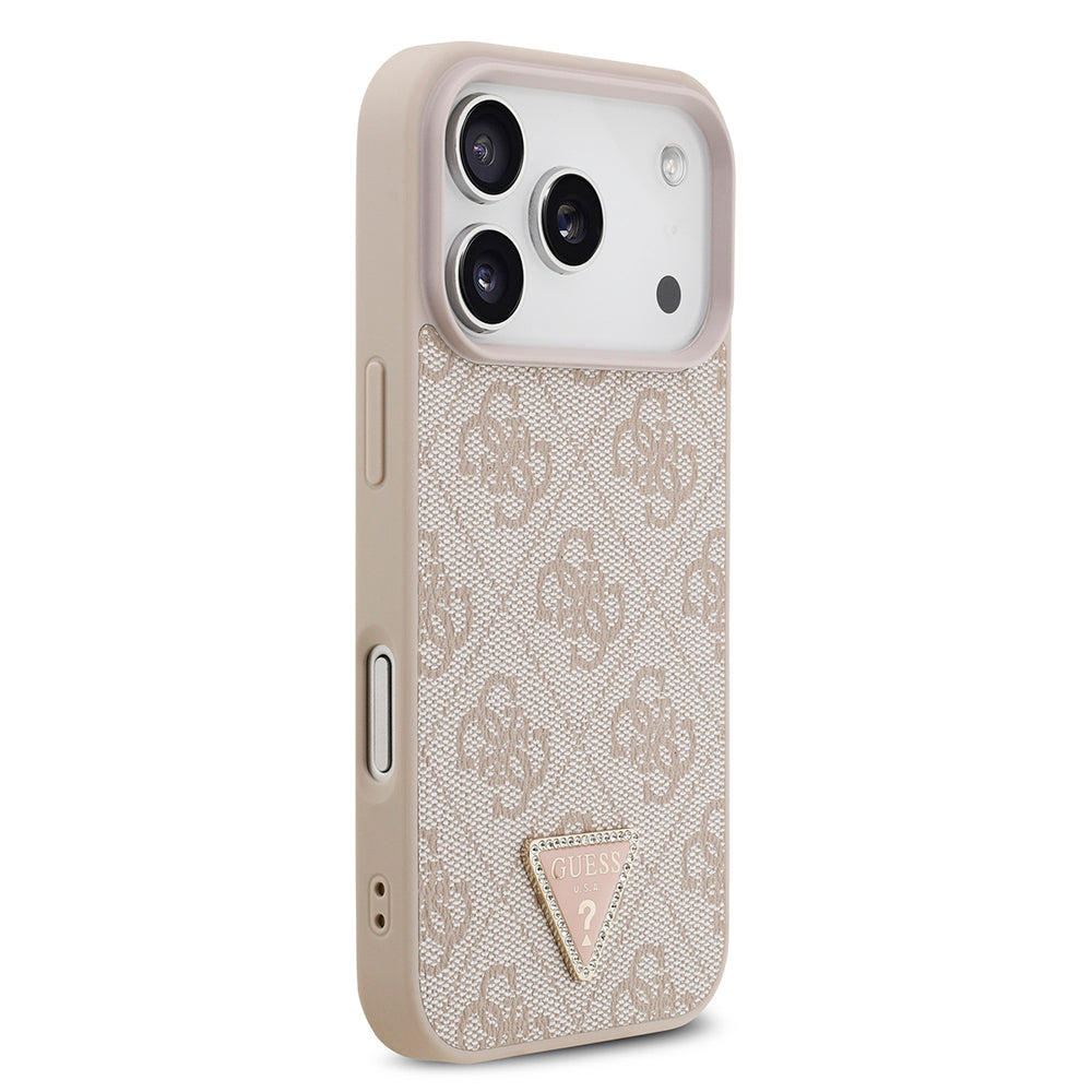 iPhone 18 Pro Kılıf Guess Orijinal Lisanslı M-safe Şarj Özllikli PU Deri Taşlı Üçgen Logo 4G Desenli Strass Kılıf