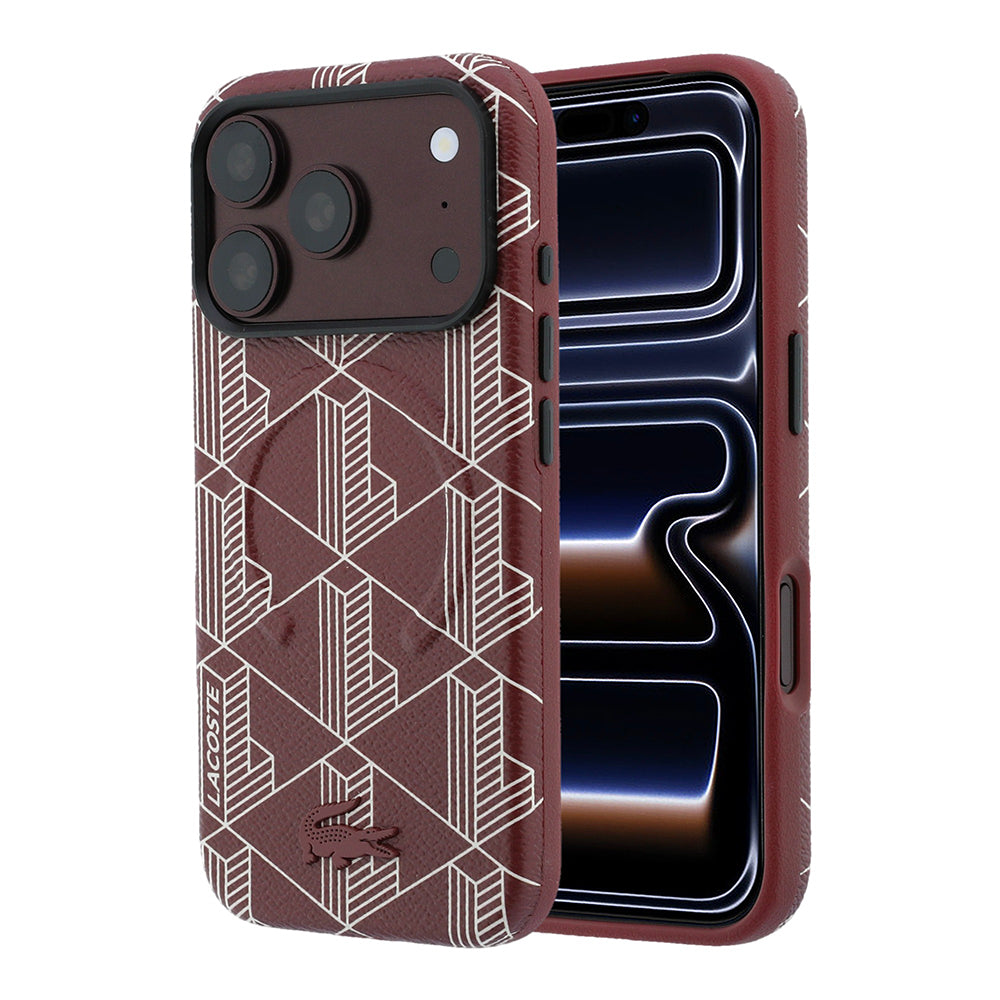 iPhone 18 Pro Kılıf Lacoste Orijinal Lisanslı M-safe Şarj Özellikli Metal Logolu Deri Karışık Monogram Desenli Kılıf