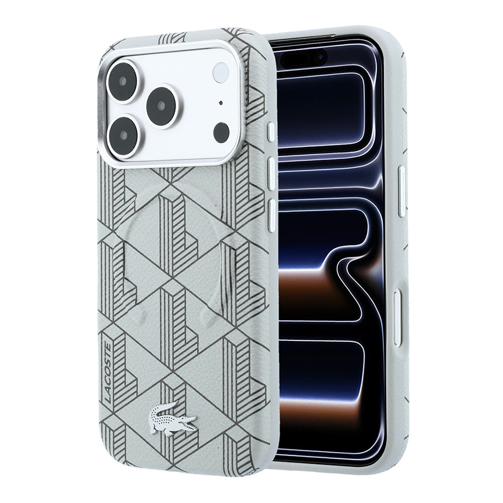 iPhone 18 Pro Kılıf Lacoste Orijinal Lisanslı M-safe Şarj Özellikli Metal Logolu Deri Karışık Monogram Desenli Kılıf