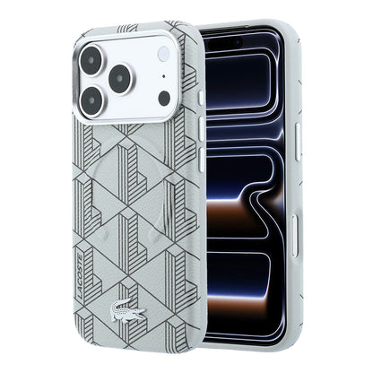 iPhone 18 Pro Kılıf Lacoste Orijinal Lisanslı M-safe Şarj Özellikli Metal Logolu Deri Karışık Monogram Desenli Kılıf