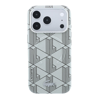 iPhone 18 Pro Kılıf Lacoste Orijinal Lisanslı M-safe Şarj Özellikli Metal Logolu Deri Karışık Monogram Desenli Kılıf