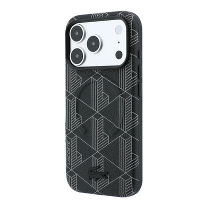 iPhone 18 Pro Kılıf Lacoste Orijinal Lisanslı M-safe Şarj Özellikli Metal Logolu Deri Karışık Monogram Desenli Kılıf