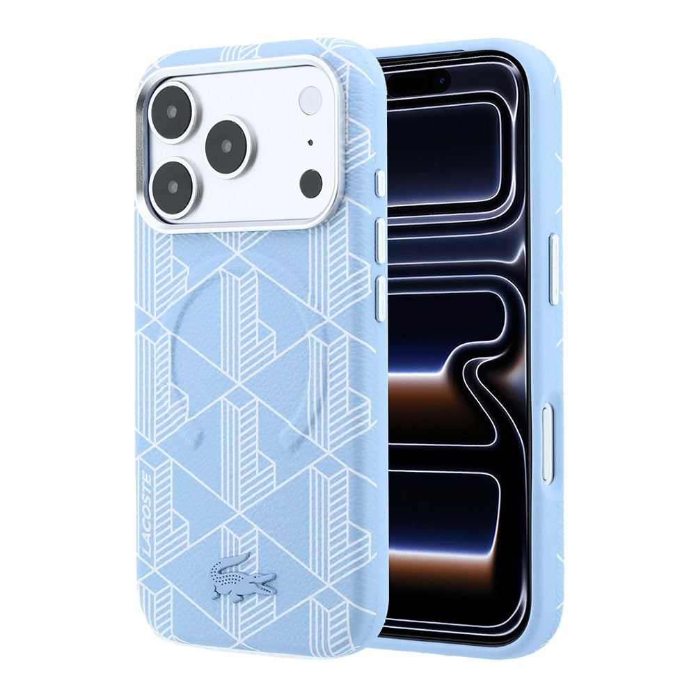 iPhone 18 Pro Kılıf Lacoste Orijinal Lisanslı M-safe Şarj Özellikli Metal Logolu Deri Karışık Monogram Desenli Kılıf