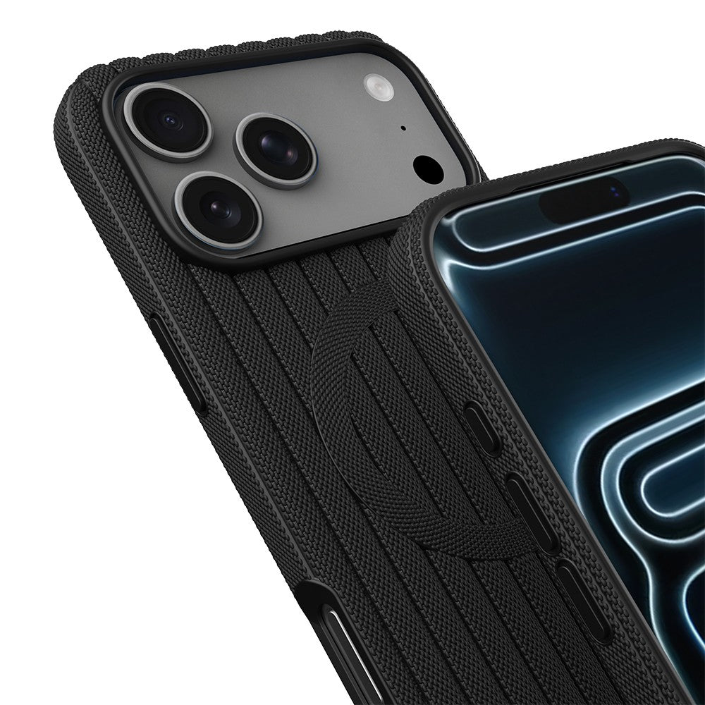 iPhone 18 Pro Kılıf M-Safe Şarj Özellikli Çizgi Desenli Kumaş Dokulu Zore Paris Lorin Kılıf
