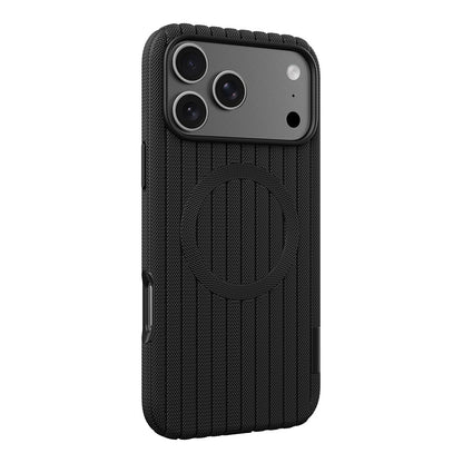 iPhone 18 Pro Kılıf M-Safe Şarj Özellikli Çizgi Desenli Kumaş Dokulu Zore Paris Lorin Kılıf