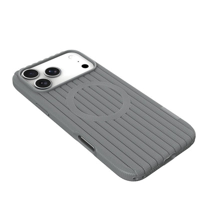 iPhone 18 Pro Kılıf M-Safe Şarj Özellikli Çizgi Desenli Kumaş Dokulu Zore Paris Lorin Kılıf