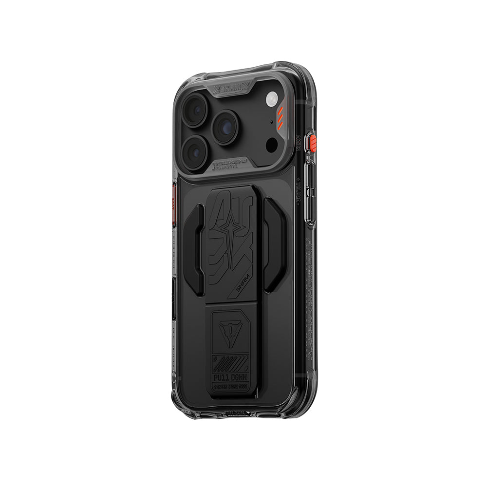iPhone 18 Pro Kılıf M-safe Şarj Özellikli Teknoloji Desenli Skinarma Helio CE Mag Charge Standlı Kılıf