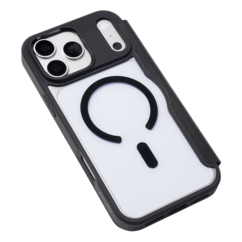 iPhone 18 Pro Kılıf M-safe Şarj Özellikli Vegan Deri Tasarımlı Şeffaf Arka Yüzey Kartlıklı Raptic Urban Folio Serisi Kılıf