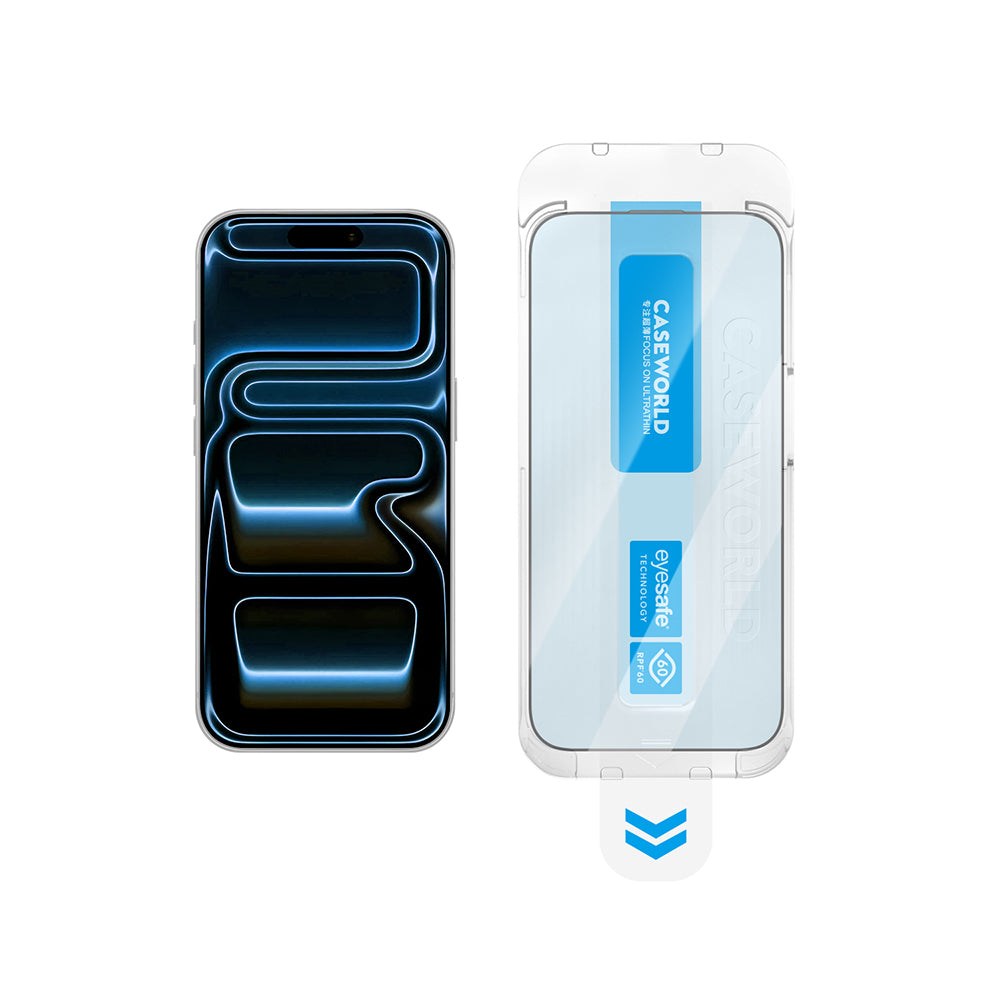 iPhone 18 Pro Max CaseWorld Applicator Serisi 2.5D Eyesafe Mavi Işık Teknolojili Safir 0.33mm Temperli Cam Ekran Koruyucu + Uygulama Aparatı