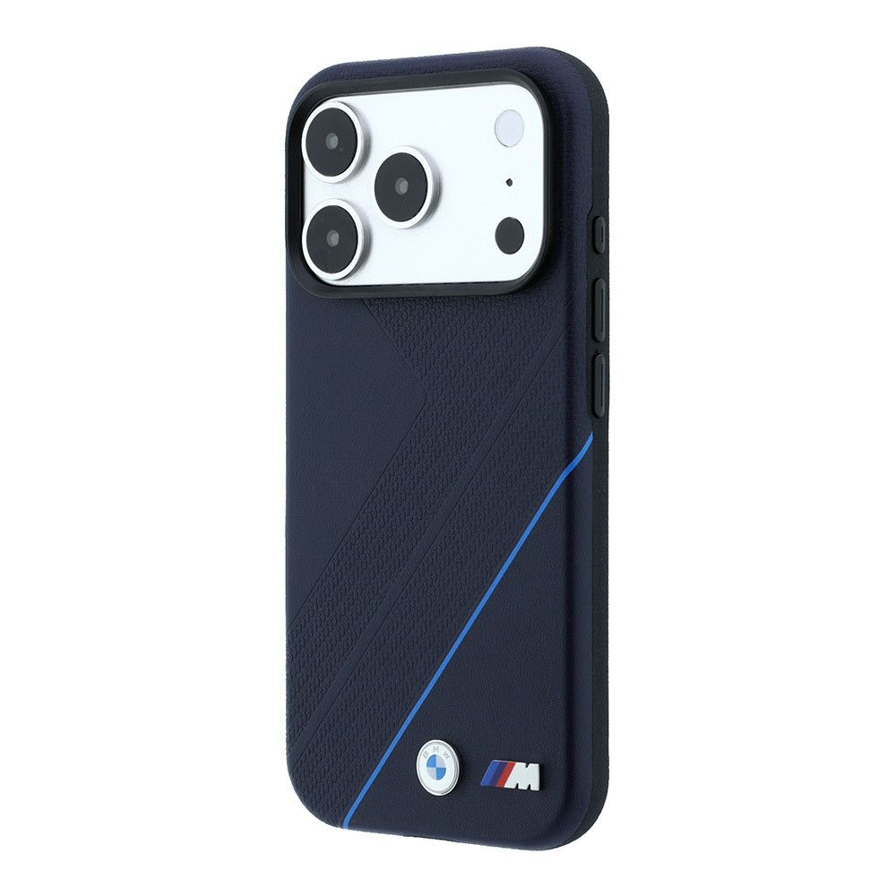 iPhone 18 Pro Max Kılıf BMW Orijinal Lisanslı M-safe Şarj Özellikli M Logolu Lastik İzi Desenli Mavi Çizgili Kılıf