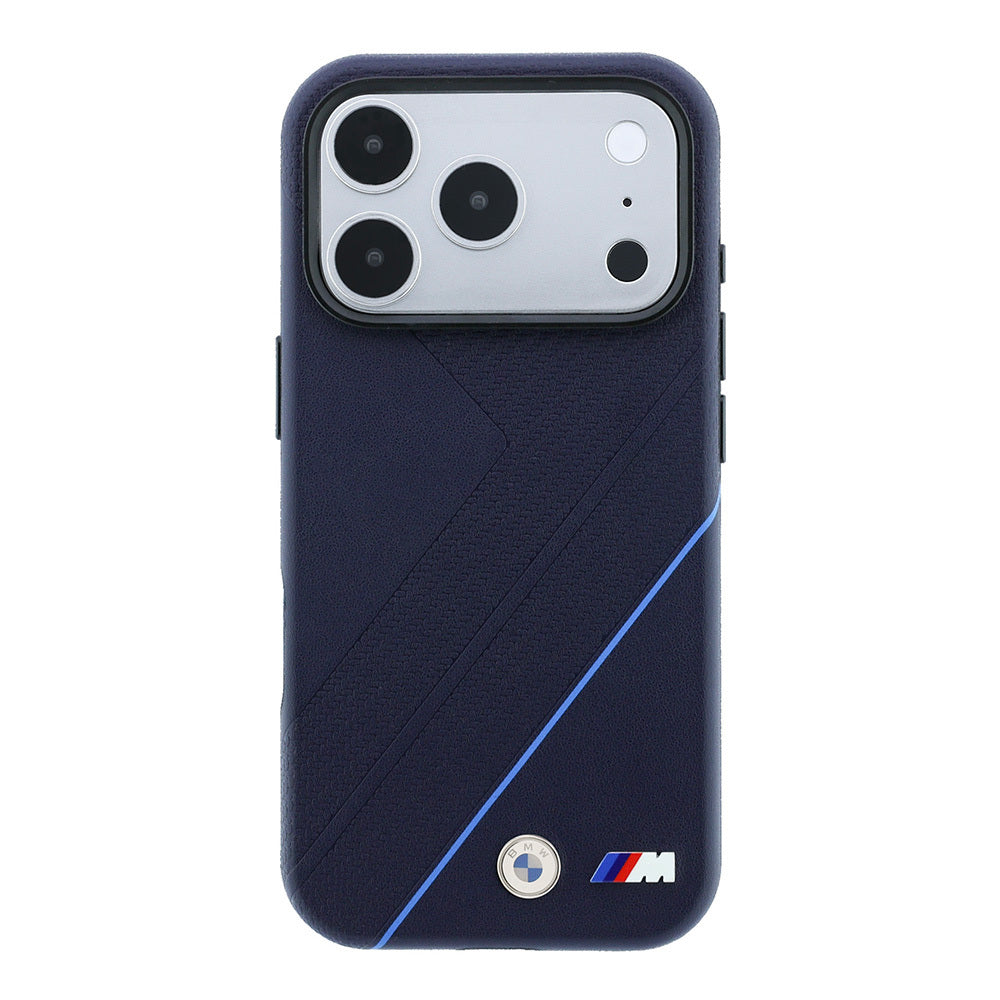 iPhone 18 Pro Max Kılıf BMW Orijinal Lisanslı M-safe Şarj Özellikli M Logolu Lastik İzi Desenli Mavi Çizgili Kılıf