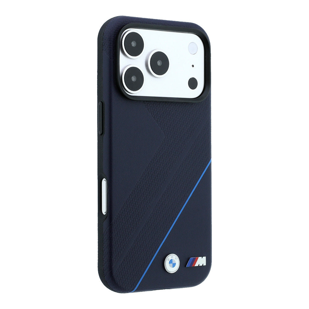 iPhone 18 Pro Max Kılıf BMW Orijinal Lisanslı M-safe Şarj Özellikli M Logolu Lastik İzi Desenli Mavi Çizgili Kılıf